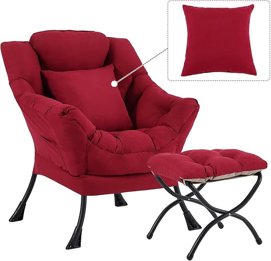 Lazy Chair with Ottoman, Comfy Reading Lounge Chair with Footstool & Throw Pillow Modern with Armrests & Side Pocket for Living Room, Bedroom, Dorm Room, Burgundy