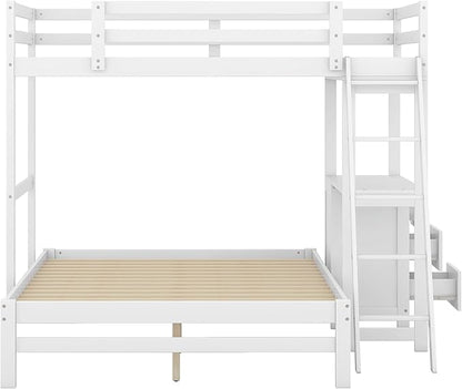 Twin Over Full Bunk Bed with Built-in Desk and Three Drawers,Pine Wood Convertible Twin Over Full L-Shaped Loft Bunk Bed Frame for Kids Teens Adults,White