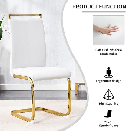 Modern Dining Chairs Set of 4,High Back White Kitchen Chairs,Faux Leather Side Chair with Gold Plated Metal Legs,Easy to Clean Upholstered Dining Chairs,Ideal for Living Room(Gold Leg)