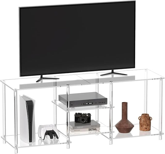 Eglaf Acrylic 55 Inch TV Stand - 3-Tier Entertainment Center - Clear TV Console Table with Open Storage Shelves, for Living Room, Bedroom - 55.1'' L x 15.7'' W x 22.4'' H, (TVs up to 60 Inch)