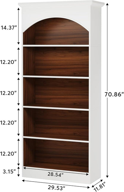 LITTLE TREE 70.9" White Bookcase, 5-Tier Tall Bookshelf with Open Shelves, Wooden Vintage Free-Standing Book Shelf for Living Room, Home Office, Bed Room