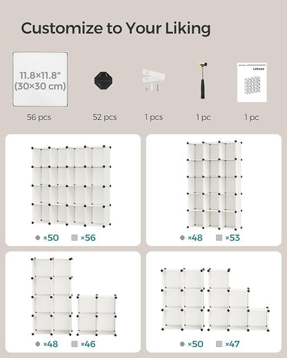 SONGMICS Cube Storage Organizer, Set of 16 Plastic Cubes, Closet Organizers and Storage, Room Organization, Bedroom Living Room, 12.2 x 48.4 x 48.4 Inches, Cream White ULPC442M01