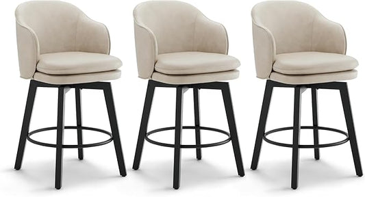 Counter Height Barstools 26 inch Upholstered Swivel Bar Stools with Back and Wood Legs for Kitchen Island,Set of 3,Beige PU Leather