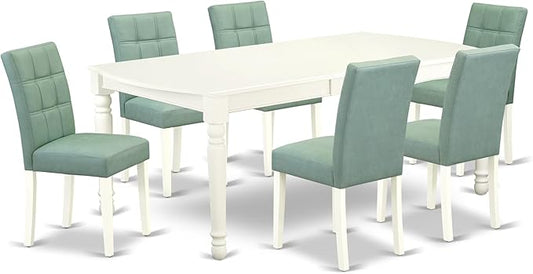 East West Furniture DOAS7-LWH-43 7 Piece Kitchen Dining Table Set Contain A Mid Century Dining Table and 6 Willow Green Polyester Fabric Dining Room Chairs, Linen White
