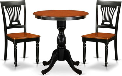 East West Furniture ESVA3-BCH-W 3 Piece Dining Table Set for Small Spaces Contains a Round Dining Room Table with Pedestal and 2 Wood Seat Chairs, 30x30 Inch, Black & Cherry