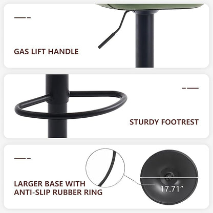 Kidol & Shellder Bar Stools Set of 2 Adjustable Swivel Green, PU Leather Upholstered with Back, Modern Counter Height Stools for Kitchen Island, Home Bar