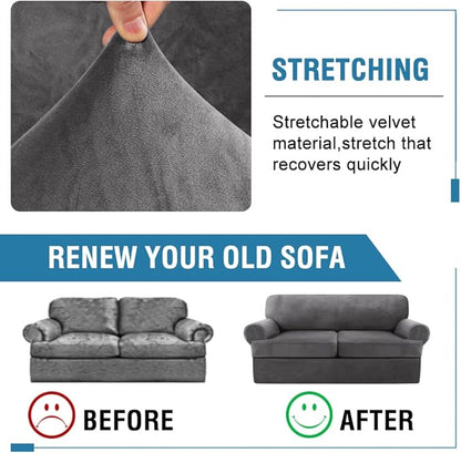 H.VERSAILTEX Sofa Cover 3 Piece T Cushion Sofa Slipcovers Thick Velvet Couch Cover Furniture Protector Stretch T Cushion Sofa Covers for 2 Cushion Couch with 2 T Cushion Covers Washable, Grey