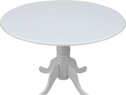 IC International Concepts, 42" Round Dual Drop Leaf Pedestal Dining Table, Solid Real Wood, Sturdy Parawood, White