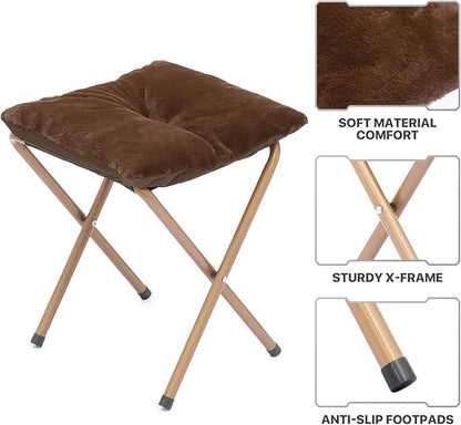 MoNiBloom Round Folding Faux Fur Saucer Chair for Bedroom Living Room Dorm Foldable Metal Frame Oversized Large Comfy Furry Padded Soft Cozy Moon Chair with Footrest Ottoman for Adults (Brown)