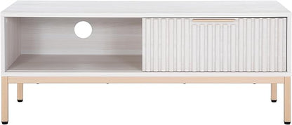 SAFAVIEH Lylia TV Stand for up to 55" Flatscreen – White with Gold Legs & Handle, 1 Sliding Door, 1 Open Shelf, Entertainment Media Console (MED9617C)