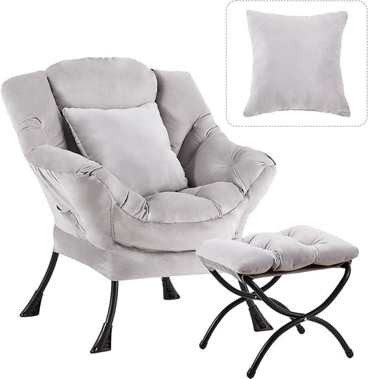 Large Lazy Chair with Ottoman, Accent Reading Chair with a Soft Grey Throw Pillow, Cozy Lounge Chair with Armrest, Leisure Sofa Chair for Living Room, Bedroom, Dorm, Velvet Soft Grey
