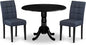 East West Furniture DLAS3-BLK-09 3 Piece Dining Table Set consists A Wood Table and 2 Dark Navy Blue Polyester Fabric Parson Dining Chair with Stylish Back- Black Finish