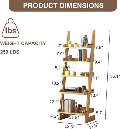 5-Tier Ladder Bookshelf, H 55" Leaning Bookshelf Storage Rack Organizer, Wooden Ladder Shelf Bookcase for Living Room, Home Office and Bedroom, Wood Color