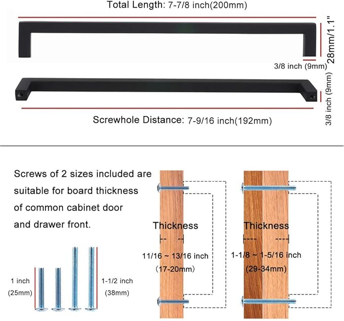 KOOFIZO Solid Square Bar Cabinet Handle - Chrome Furniture Pull, 7.6 Inch/192mm Screwhole Distance, Pack of 5 for Kitchen Cupboard Door, Bedroom Dresser Drawer, Bathroom Wardrobe Hardware