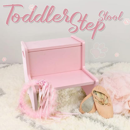 WOOD CITY Wooden Toddler Step Stool for Kids, Pink Two Step Children's Stool with Handles, Bonus Non-Slip Pads for Safety, Bathroom Potty Stool & Kitchen Step Stools Dual Height