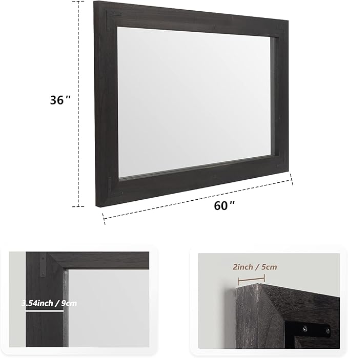 YOSHOOT Rustic Wooden Framed Wall Mirror, Natural Wood Bathroom Vanity Mirror for Farmhouse Decor, Vertical or Horizontal Hanging, 60" x 36", Black