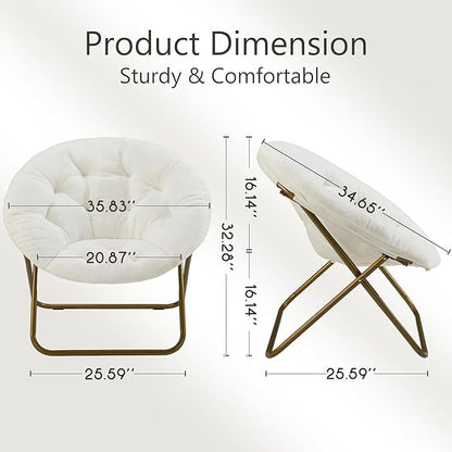 Saucer Chair Faux Fur with Soft and Thick Padded Seat Metal Frame, Modern Style Folding Cozy Chair for Living Room, Bedroom, XL, White