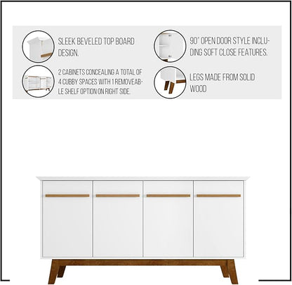 Manhattan Comfort Yonkers 63 Inch Buffet Sideboard with 2 Cabinets & Soft Close Doors, Storage Furniture with Stylish Beveled Top, Solid Wood Legs, Rustic Brown