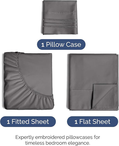 Twin Size 3 Piece Sheet Set - Comfy Breathable & Cooling Bed Sheets Set - Hotel Luxury Bedding for Women, Men, Kids, Teens, Boys & Girls - Deep Pockets, Ultra-Soft, Wrinkle Free - Oeko-Tex - Dark Grey