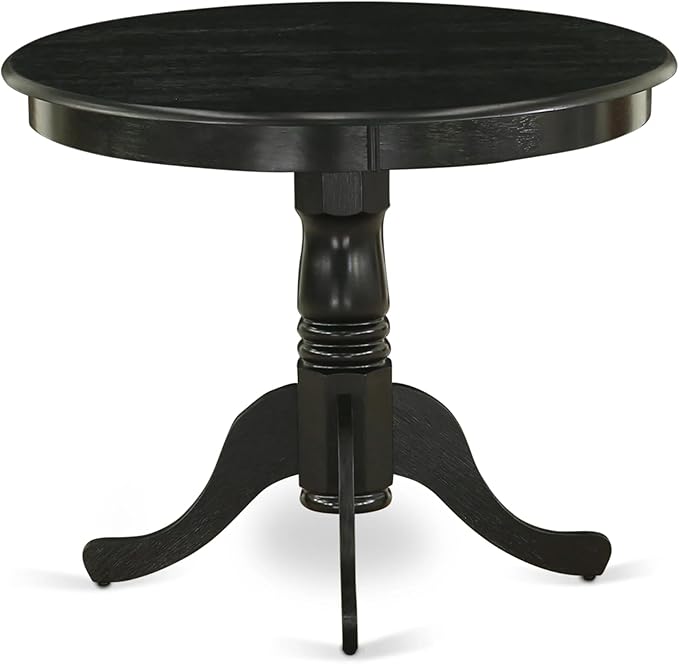 East West Furniture ANGA3-ABK-24 3 Piece Dinette Set for Small Spaces Contains a Round Kitchen Table with Pedestal and 2 Black Linen Fabric Parson Dining Chairs, 36x36 Inch, Wirebrushed Black