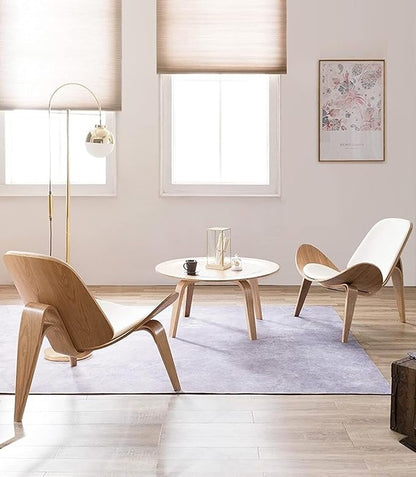 Hans Wegner Style Three- Legged Shell Chair Ash Plywood White Faux Leather Accent Chair Living Room Furniture Mid-Century Modern Shell Chair (Wood Color-White)