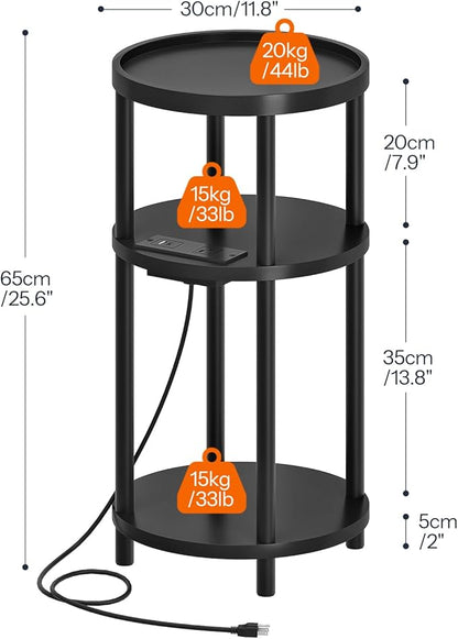 HOOBRO Set of 2 Small Round Side Tables with Charging Station, 3-Tier Round Bamboo End Tables, Easy Assembly, for Living Room, Bedroom, Apartment, Black BB152UBZP201