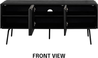 NTC Mossic TV Media Cabinet with 3 Doors for TVs, Entertainment Center with Natural Rattan, Metal Legs, Modern Storage Console for Living Room and Bedroom, Effortless Assembly, Burnt Black