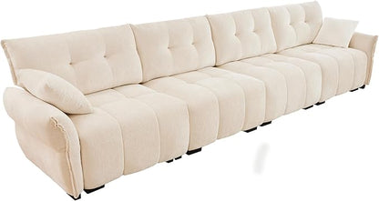 Modern Chenille Fabric 4-Seat Sofa w/ 2 Pillows, Premium Upholstery Living Room Couch with Tufted Backrest & Comfortable Armrests and High-Resilience Memory Foam Cushions,White