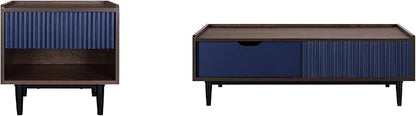 Manhattan Comfort Duane Mid Century Modern Ribbed Nightstand and Coffee Table with Storage, Living Room Furniture with Cabinet, Shelves and Iron Metal Feet, Set of 2, Navy Blue