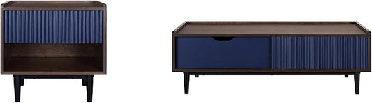 Manhattan Comfort Duane Mid Century Modern Ribbed Nightstand and Coffee Table with Storage, Living Room Furniture with Cabinet, Shelves and Iron Metal Feet, Set of 2, Navy Blue