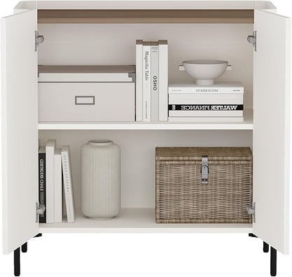 Manhattan Comfort Abbey Accent Cabinet with Doors, Tray Top Design and Adjustable Shelves, Sleek Modern Storage Furniture for Dining Area, Living Room, Bedroom, Entryway, Maple and Off White