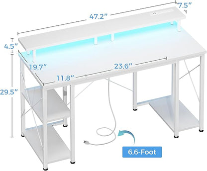 ODK 48 Inches Gaming Desk with LED Lights, Computer Desk with Monitor Stand, Pc Table with CPU Stand, Pure White