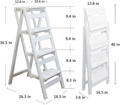 Step Stool for Adults/Step Ladder/Counter Chair, 4-Step Folding Portable Wooden Step Stool, Anti-Slip & Lightweight (White)
