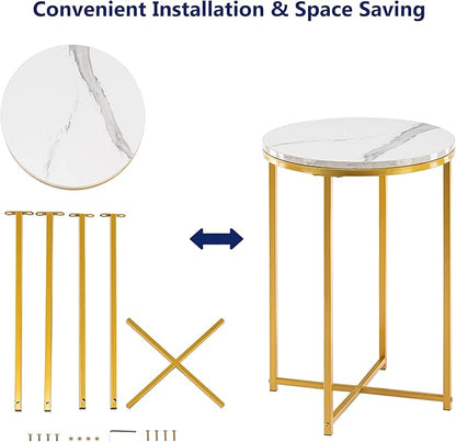 TECHMILLY Round End Table, Faux Marble Sofa Table, Accent Side Table with Metal Frame, Modern Gold Nightstand, Tall Coffee Table for Living Room, Bedroom