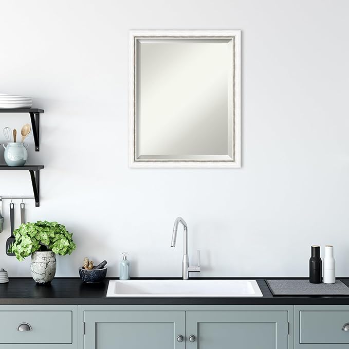 Amanti Art White Bathroom Mirror for Over Sink, 22x18 Morgan White Silver Rectangle Vanity Mirror, Small Modern Contemporary Wood Frame, Hangs Horizonally and Vertically, Bathroom Wall Decor, Beveled