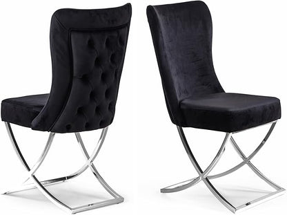 Ottomanson Royal Dining Chairs Set of 4 – Upholstered Tufted Microfiber, Assembled, Silver Metal Legs, Beech Wood Frame, 350 lb Capacity, Black
