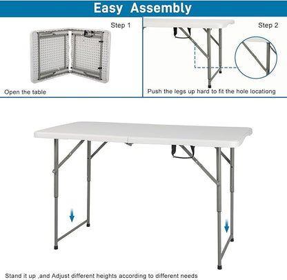 4ft Plastic Folding Table, Kids Folding Activity Table for Classrooms and Home,Indoor Outdoor Heavy Duty Portable Handle, Lock for Picnic, Party, Pong, Camping - White (4ft)