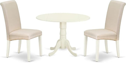 East West Furniture DLBA3-WHI-01 3 Piece Modern Dining Table Set Contains a Round Wooden Table with Dropleaf and 2 Cream Linen Fabric Upholstered Parson Chairs, 42x42 Inch, Linen White