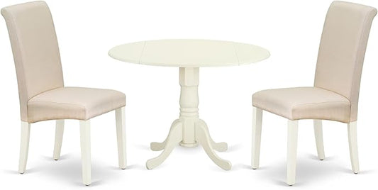 East West Furniture DLBA3-WHI-01 3 Piece Modern Dining Table Set Contains a Round Wooden Table with Dropleaf and 2 Cream Linen Fabric Upholstered Parson Chairs, 42x42 Inch, Linen White