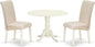 East West Furniture DLBA3-WHI-01 3 Piece Modern Dining Table Set Contains a Round Wooden Table with Dropleaf and 2 Cream Linen Fabric Upholstered Parson Chairs, 42x42 Inch, Linen White