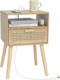 MaxSmeo Bedside Table, Small Nightstand with Charging Station, Rattan Side Table Wood End Table for Living Room, Bedroom and Small Spaces, Mid Century Modern Nightstand, Easy Assembly (Natural)