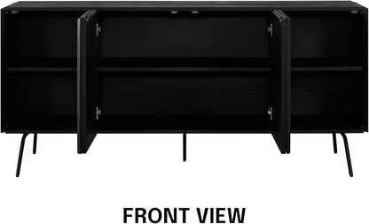 NTC MOSSIC Modern Sideboard with 4 Doors, Natural Rattan Storage Cabinet, Buffet with Metal Legs, Boho Accent Cabinet for Living Room, and Entryway, Effortless Assembly - Burnt Black