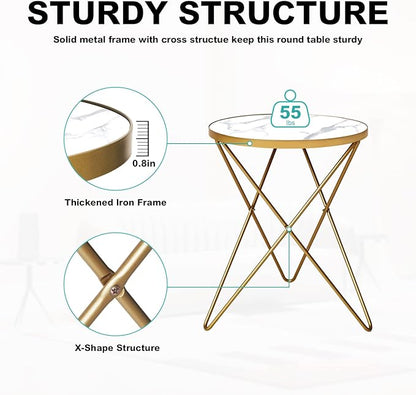HLR Modern Round Side Table Set of 2, End Table with Marble Effect Top and Gold Metal Frame, Small Side Table for Living Room, Bedroom, Sofa and Couch, Gold Legs, White Marble top