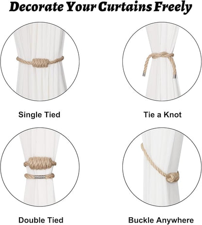 BEL AVENIR Magnetic Jute Curtain Tiebacks, Decorative Drapery Holdbacks Bohemian Style Woven Tie-Backs with Exquisite Knot (Jute, 2 Pack)