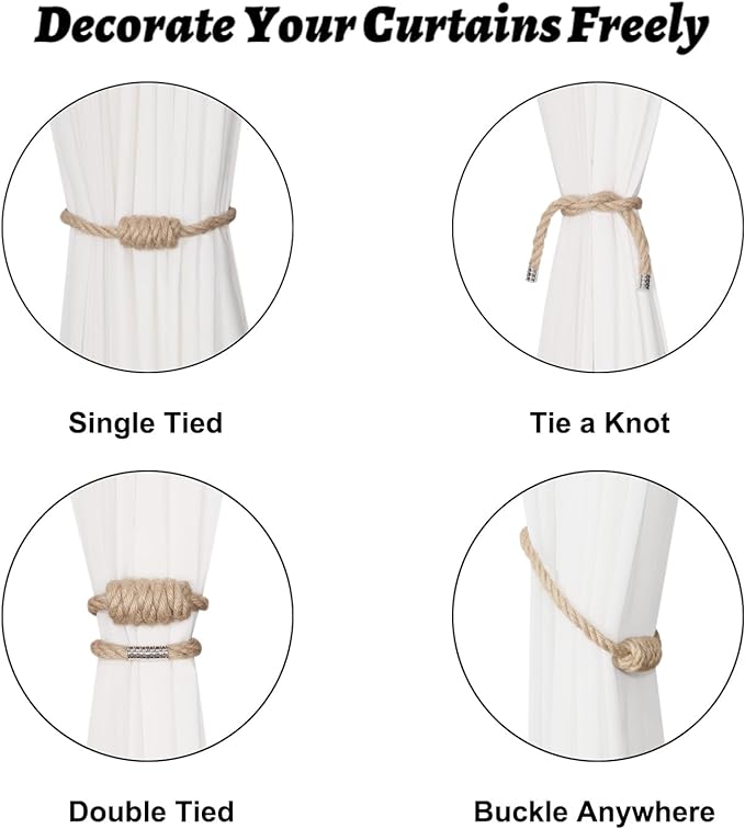 BEL AVENIR Magnetic Jute Curtain Tiebacks, Decorative Drapery Holdbacks Bohemian Style Woven Tie-Backs with Exquisite Knot (Jute, 4 Pack)