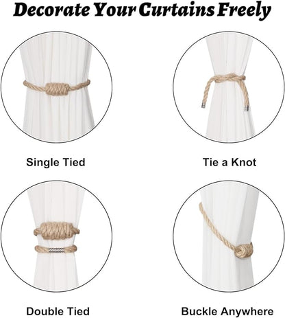 BEL AVENIR Magnetic Jute Curtain Tiebacks, Decorative Drapery Holdbacks Bohemian Style Woven Tie-Backs with Exquisite Knot (Jute, 4 Pack)