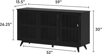 Plank+Beam Mid-Century Modern Wood TV Stand, Three Door Solid Wood Entertainment Console with Storage, 59" L x 16" W x 30" H, Black