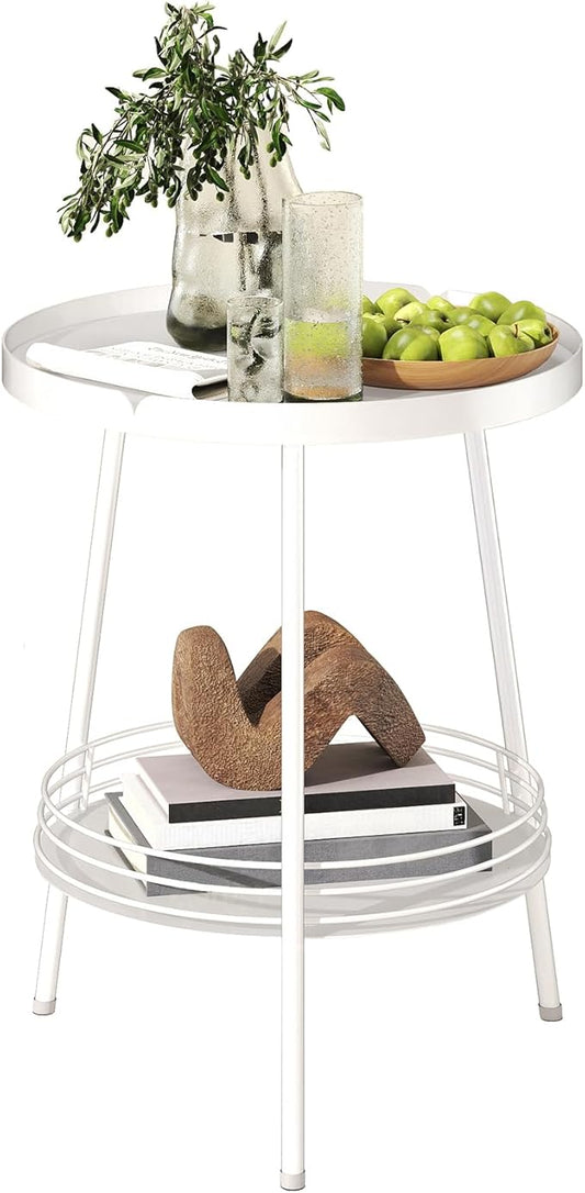 Benkyo 2 Tier White Metal Round Side Table Tiered Two Shelf Storage Coffee Sofa End Table for Living Room and Bedroom,White