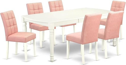 East West Furniture DOAS7-LWH-42 7 Piece Dinette Table Set Consists A Dinner Table and 6 Beige Red Polyester Fabric Parson Dining Chairs with Stylish Back- Linen White Finish