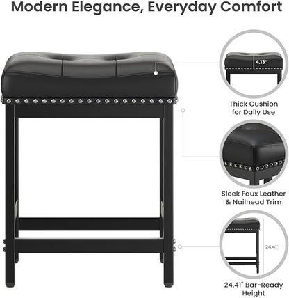 MALOL Set of 4 Saddle Bar Stools Counter Height 24.4”, Backless Barstools for Kitchen Island, Modern PU Leather Cushioned Seat, Bar Chairs for Kitchen Counter, Breakfast Bar Stools for Home,Black